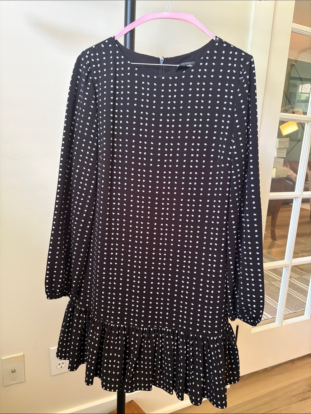 Black Polka Dot Long-Sleeve Ruffle-Hem Dress for Girls